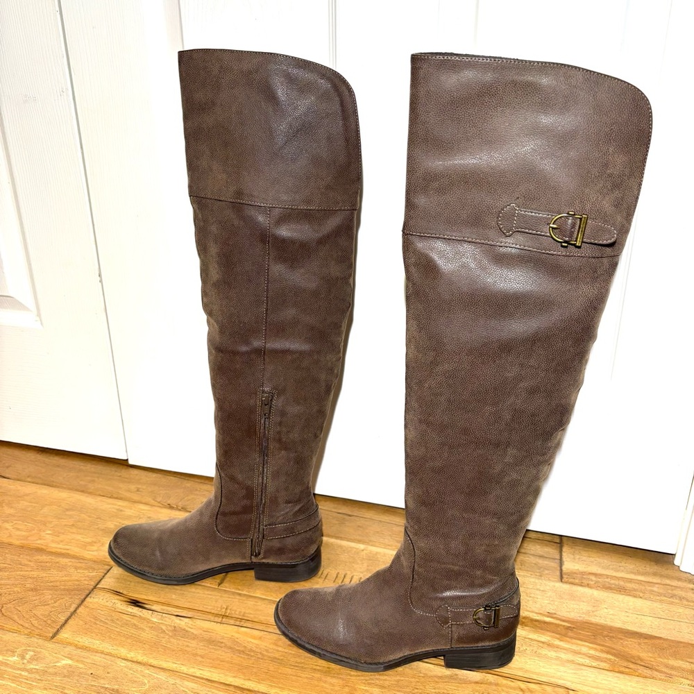 American Rag Adarra Brown Over Knee Riding Boots Buckle Distressed Look